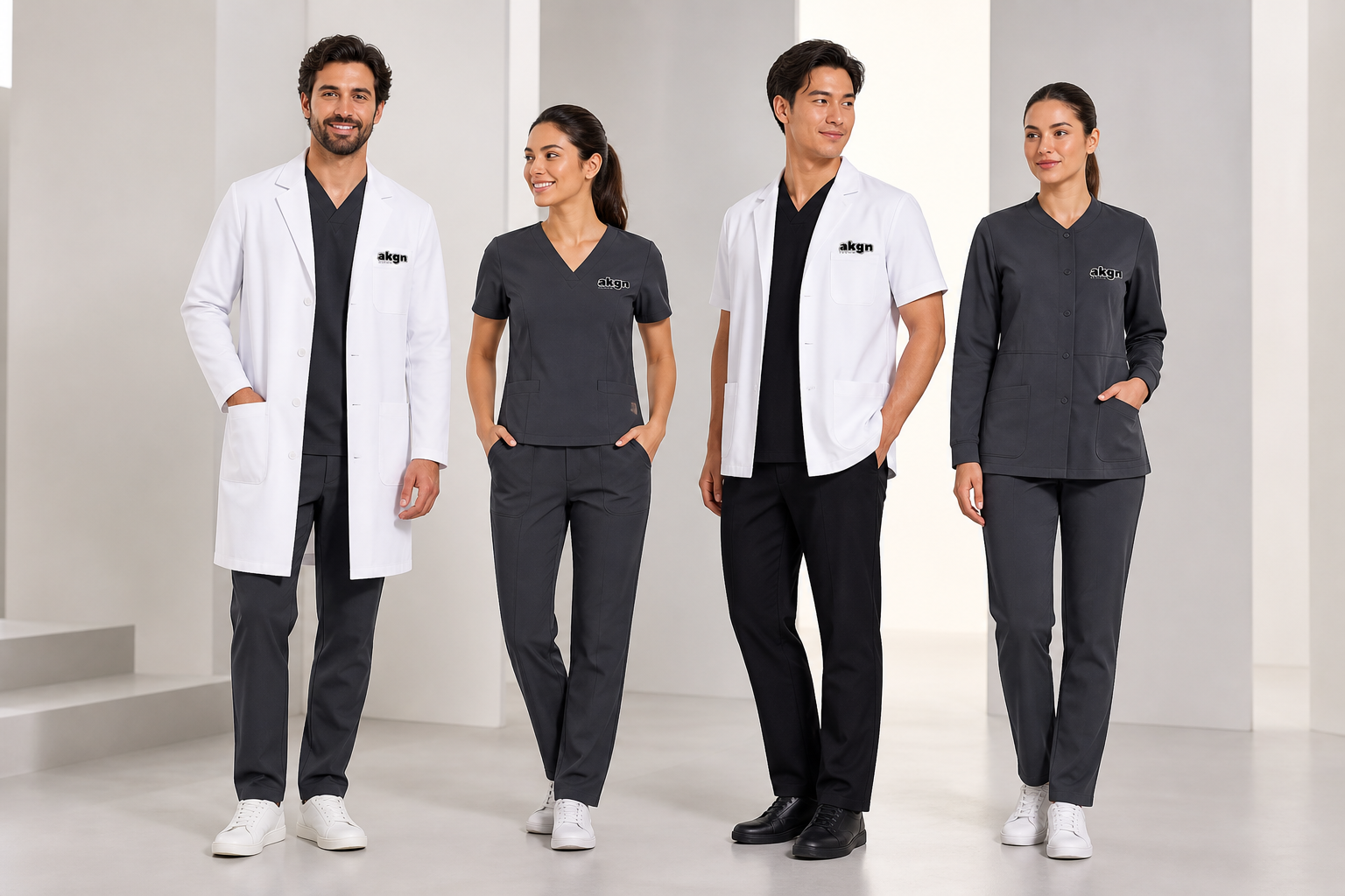 AKGN logolu doktor önlüğü ve sağlık personeli formaları