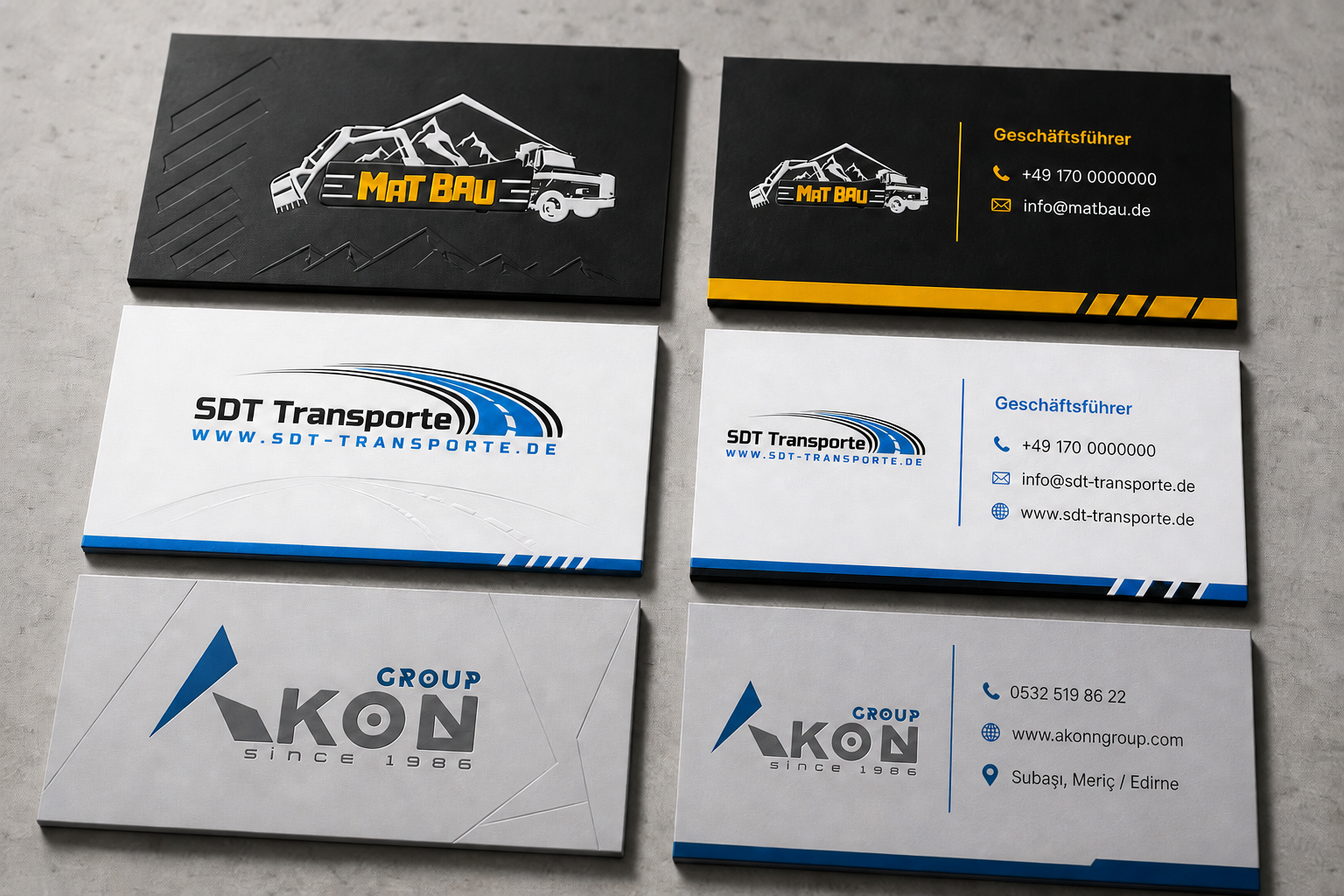 Mat Bau, SDT Transporte ve AKON Group kartvizit tasarımları