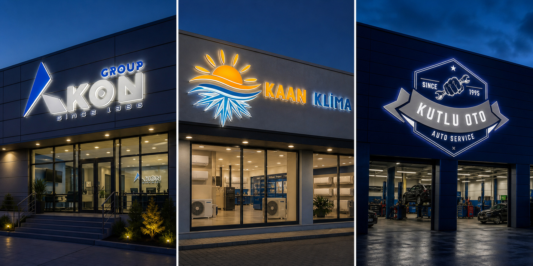 AKON Group, Kaan Klima ve Kutlu Oto ışıklı kutu harf tabela uygulamaları