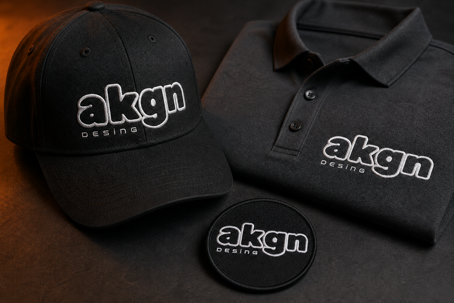 AKGN Desing logolu şapka, polo yaka tişört ve arma nakış uygulamaları