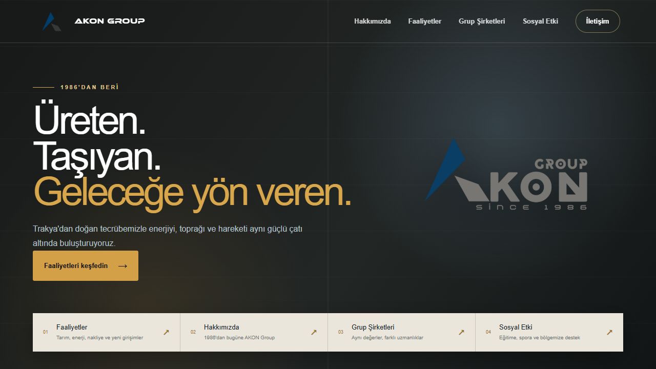 Akonn Group kurumsal web sitesi ana sayfası